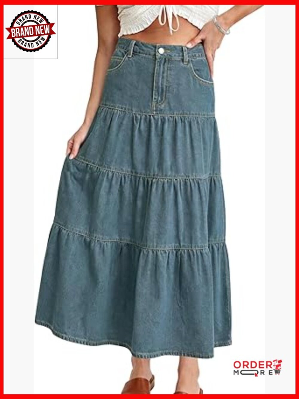 High Waisted Long Denim Skirt Tiered Ruffle Swing A-Line Maxi Jean Skirt with